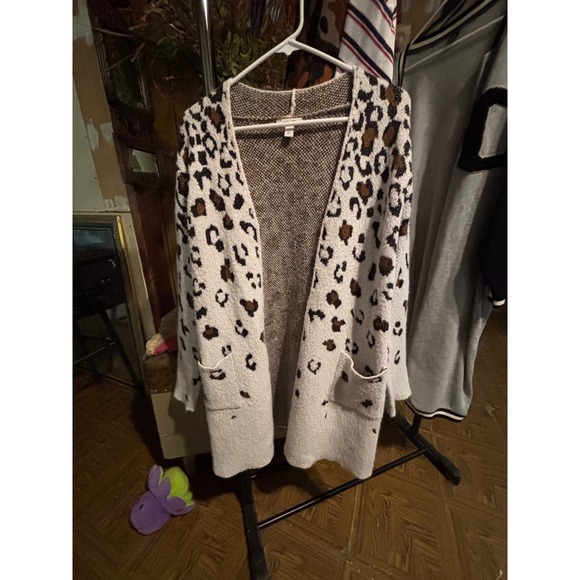 Leopard Print Open Front Cardigan Sweater Duster Cozy Knit - Picture 1 of 6